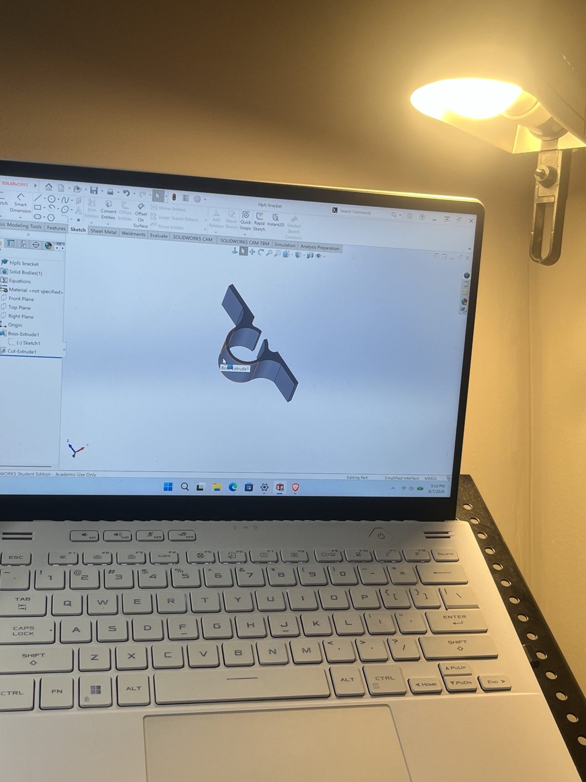 The bracket in SolidWorks
